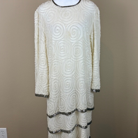 Laurence Kazar New York 100% Silk Vintage Angled Ivory Formal Beaded Midi Dress - Picture 1 of 16